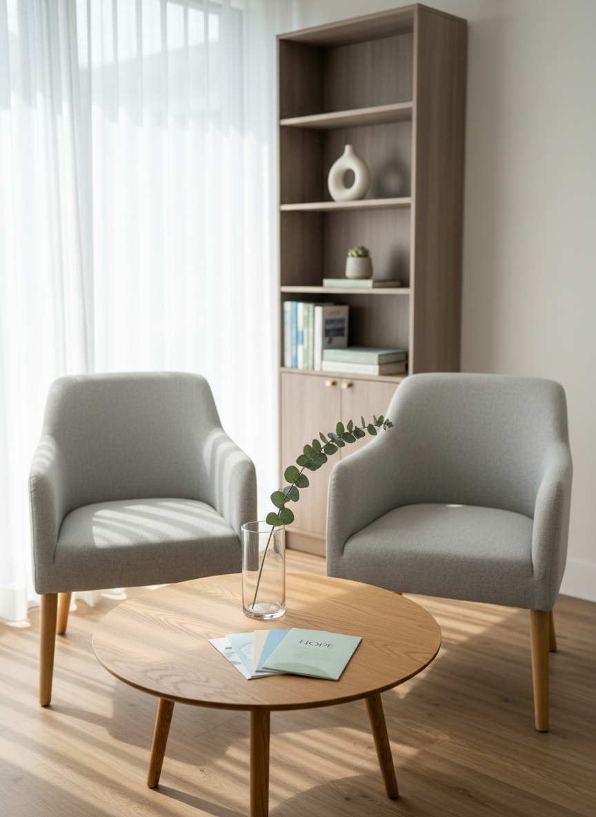 A serene waiting area with two empty light-gray upholstered chairs facing each other across a small round oak coffee table, carefully arranged without any people present. On the table rests a minimal glass vase with a single eucalyptus stem and a neatly stacked set of discreetly designed counseling brochures in soft blues and greens. A tall bookshelf with closed storage and a few carefully placed decor pieces stands in the background. Warm, indirect natural light streams from a large side window, softened by white sheer curtains, casting gentle patterns on the floor. Photographed at eye level in photographic realism, with balanced composition and moderate depth of field, the mood is welcoming, calm, and professional, reflecting a safe space for mental health support.