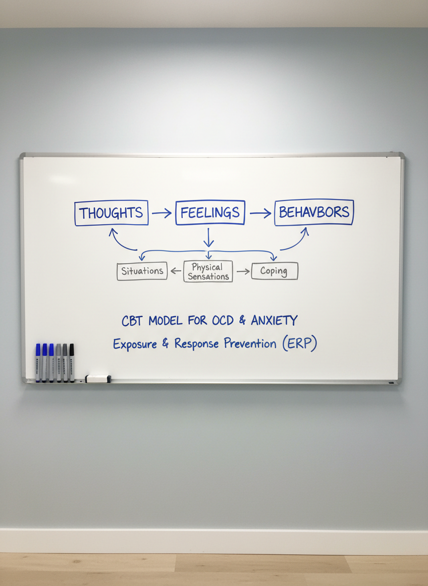 A large, clean whiteboard mounted on a pale blue-gray wall, covered with an organized, hand-drawn cognitive-behavioral therapy diagram in blue and gray marker, including labeled boxes for "Thoughts," "Feelings," and "Behaviors" connected by neat arrows. Below the board, a slim wooden ledge holds neatly aligned markers and an eraser. The floor beneath fades out of frame, suggesting a tidy clinical office. Bright but softened overhead lighting creates an evenly lit space without harsh glare, emphasizing clarity and structure. Captured straight-on in photographic realism with sharp focus throughout, the image conveys a professional, evidence-based approach to treating OCD and anxiety in a counseling setting, with a clean, modern aesthetic.